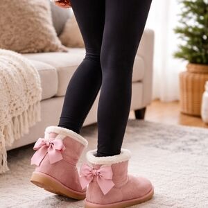Women's Pink Faux-Suede Bow Winter Slippers